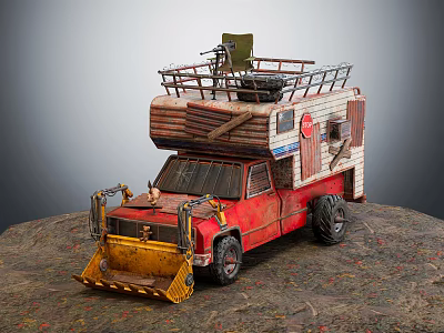Weathered Red Truck With Front Snow Plow And Custom Roof Structure Build 3d model