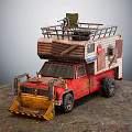 Weathered Red Truck With Front Snow Plow And Custom Roof Structure Build
