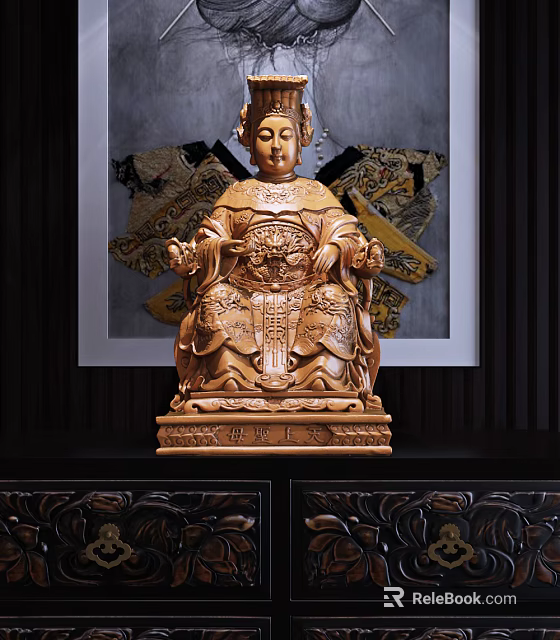Intricate Wooden Goddess Sculpture Carving With Elaborate Details And Decorative Base 3d model 