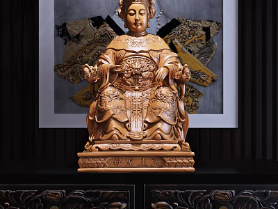 Intricate Wooden Goddess Sculpture Carving With Elaborate Details And Decorative Base 3d model