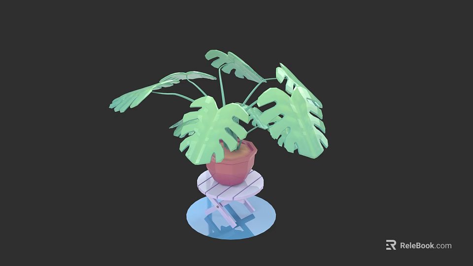 Stylish Green Plant Wall Design With Monstera Leaves In Pink Pot On Transparent Stand 3d model 