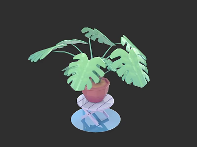 Stylish Green Plant Wall Design With Monstera Leaves In Pink Pot On Transparent Stand 3d model