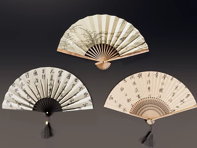 Traditional Chinese Fan Wall Hanging Decorations with Calligraphy and Tassels 3d model