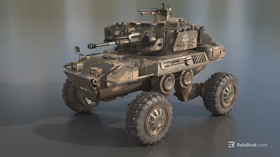 Modern Military Wheeled Tank Featuring Heavy Armor Weapon Camouflage Exterior and Large Tires 3d model 