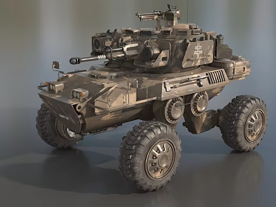 Modern Military Wheeled Tank Featuring Heavy Armor Weapon Camouflage Exterior and Large Tires 3d model