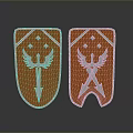 Medieval Orange Shield With Silver Eagle Wings Crossed Swords And Star Motifs