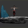 Character In Red Black Outfit With Yellow Lantern On Snowy Ground Near Blue Ice Spikes