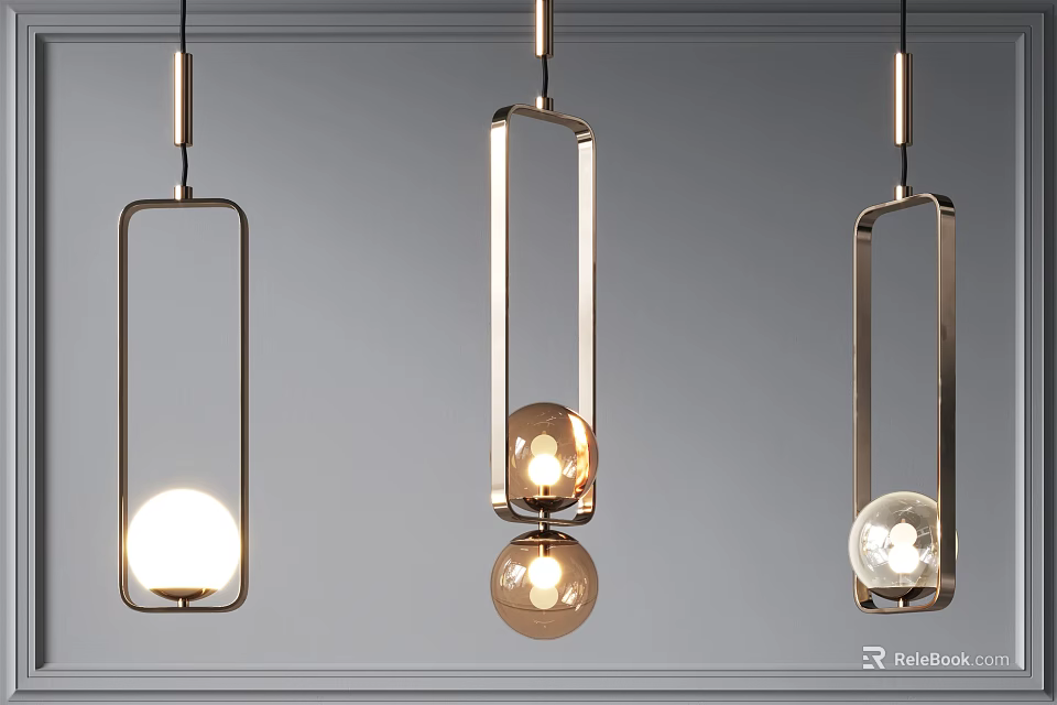 Modern Pendant Lights With Rectangular Metal Frames And Spherical Glass Bulbs 3d model