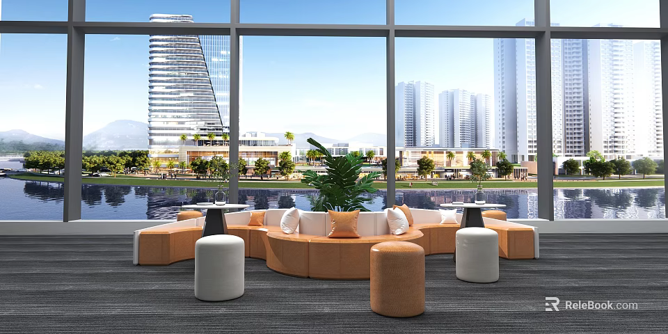 Circular Orange Sofa Set With Stools And Plant In Indoor Space With City View 3d model 