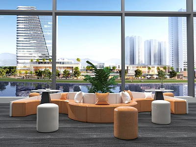 Circular Orange Sofa Set With Stools And Plant In Indoor Space With City View 3d model
