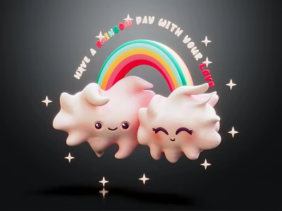 Happy Rainbow Day Celebration With Smiling Clouds And Sparkling Stars 3d model