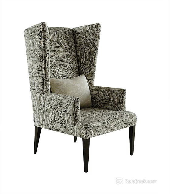 Elegant Patterned Wingback Accent Chair With Cream Pillow And Dark Wooden Legs 3d model 