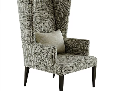 Elegant Patterned Wingback Accent Chair With Cream Pillow And Dark Wooden Legs 3d model