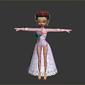 Animated Woman with Red Hair Wearing White Dress Gloves and Flower Bouquet on Gray Background