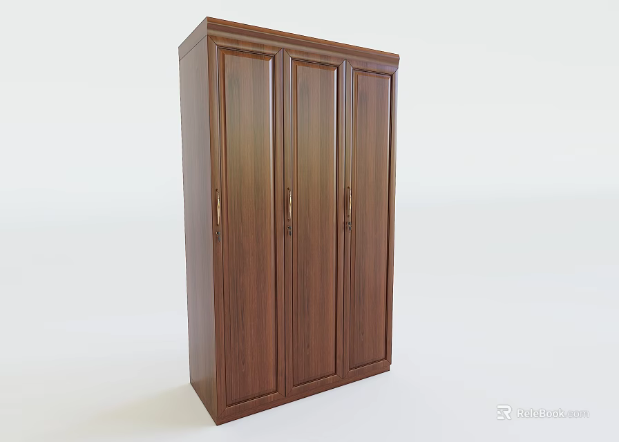 Brown Wooden Wardrobe With Three Doors And Simple Design For Bedroom Storage 3d model 
