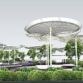 Illuminated Circular Pergola Structure With Greenery And Seating In Evening Park 3d model