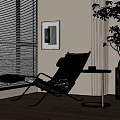 Modern Black Lounge Chair with Metal Frame Footrest and Side Table by Window with Blinds