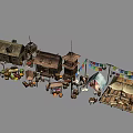 Cartoon Scene of Rustic Wooden House With Market Stalls And Fresh Fruits Vegetables