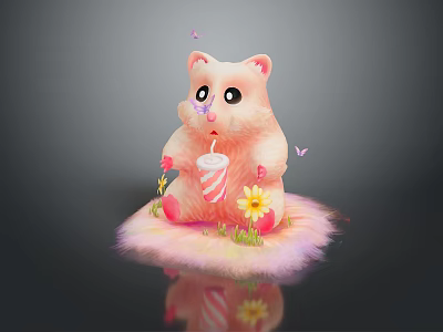 Pink Cartoon Bear Holding Striped Cup With Butterflies And Small Flowers On Fluffy Mat 3d model