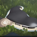 Aerial Planning of Modern Forest Architecture with Curved Roof and Waterbody