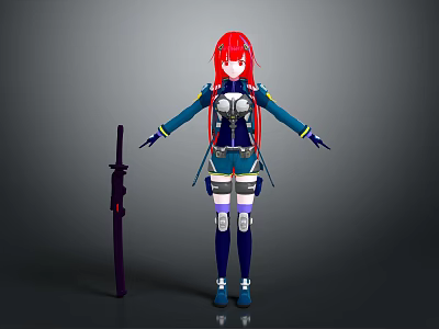 Red Haired Character In Armored Blue White Outfit With Arms Outstretched Holding Long Black Weapon 3d model