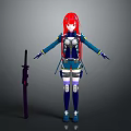 Red Haired Character In Armored Blue White Outfit With Arms Outstretched Holding Long Black Weapon