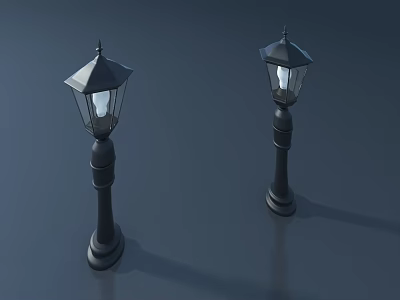 Two Outdoor Lamps With Black Pole And Classic Pointed Top Glass Shade 3d model