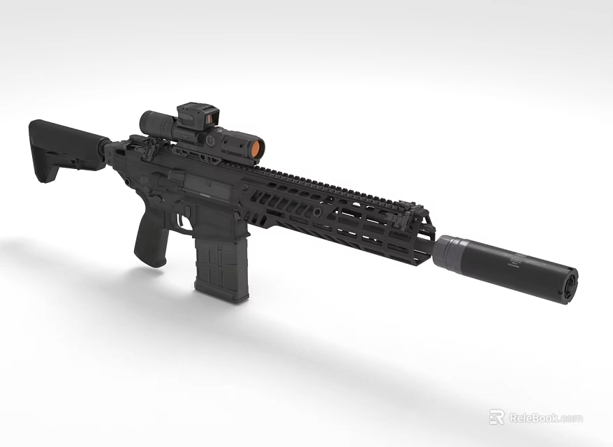 Black Tactical Rifle with Red Dot Scope Suppressor and Ventilated Handguard 3d model
