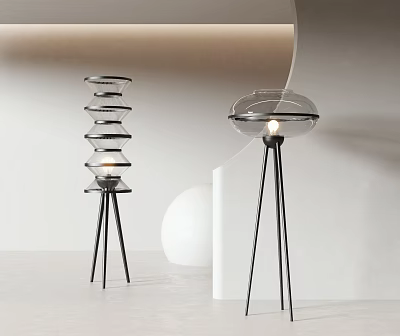Contemporary Interior Featuring Two Modern Floor Lamps With Glass Shades And Black Tripod Bases 3d model