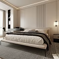 Modern Bedroom Interior With Bed Nightstand Pendant Light Desk Chair And Rug