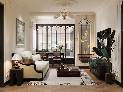 Warm Vintage Open Living And Dining Room With Elegant Interior Design And Large French Window 3d model