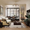 Warm Vintage Open Living And Dining Room With Elegant Interior Design And Large French Window