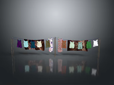 Colored Clothes Hanging On Outdoor Clothesline With Metal Stands On Reflective Surface 3d model