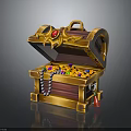 Open Wooden Treasure Chest With Golden Decorations Red Gemstone Gems And Pearl Necklace