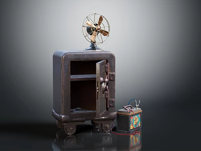 Vintage Dark Furniture Cabinet With Open Door Shelf Wheels Fan On Top Colorful Box Beside 3d model