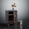 Vintage Dark Furniture Cabinet With Open Door Shelf Wheels Fan On Top Colorful Box Beside