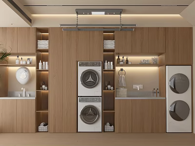 Modern Laundry Room With Built in Washing Machine Dryer Wooden Cabinets And Storage Shelves 3d model
