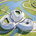 Unique Modern Architectural Complex With White Shell Structures Green Landscape Water Area And Curved Roads 3d model