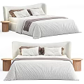 Contemporary Double Bed With Upholstered Frame White Bedding Brown Pillows And Round Side Table 3d model