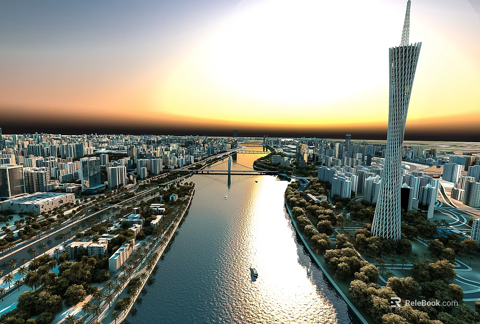 Aerial Urban Planning With River Bridge Skyscraper Roads And Greenery At Sunset 3d model 