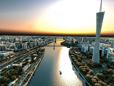 Aerial Urban Planning With River Bridge Skyscraper Roads And Greenery At Sunset 3d model