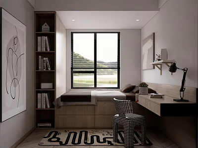 Tatami Bedroom Interior With Tatami Bed Built in Bookshelf Large Window Writing Desk And Artwork 3d model