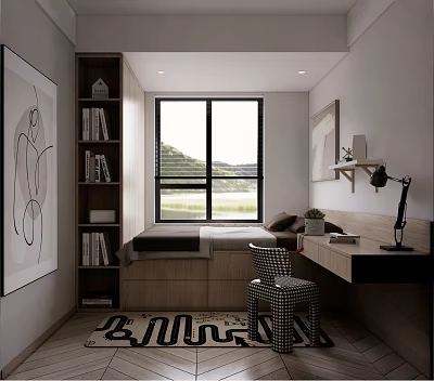 Tatami Bedroom Interior With Tatami Bed Built in Bookshelf Large Window Writing Desk And Artwork 3d model