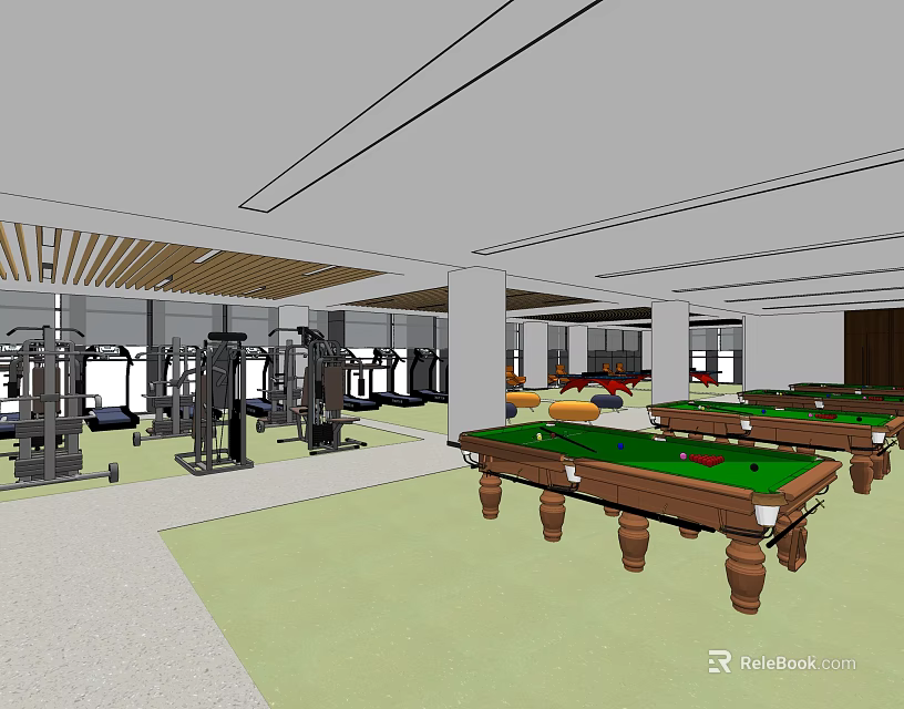 Fitness Gym Interior With Workout Equipment And Pool Tables For Sports Activities 3d model 