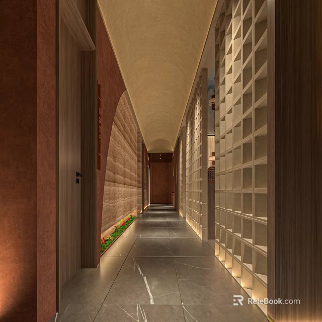Modern Elevator Hallway Interior With Textured Walls Recessed Lighting And Smooth Floor 3d model 