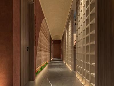Modern Elevator Hallway Interior With Textured Walls Recessed Lighting And Smooth Floor 3d model