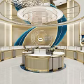 Luxury Jewelry Store Interior With Circular Display Counters Golden Accents And Blue Wave Walls