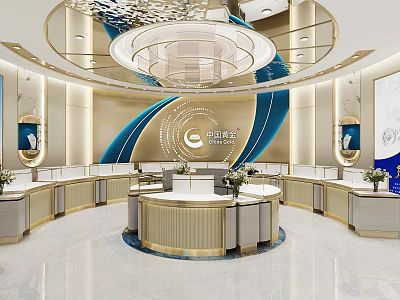 Luxury Jewelry Store Interior With Circular Display Counters Golden Accents And Blue Wave Walls 3d model