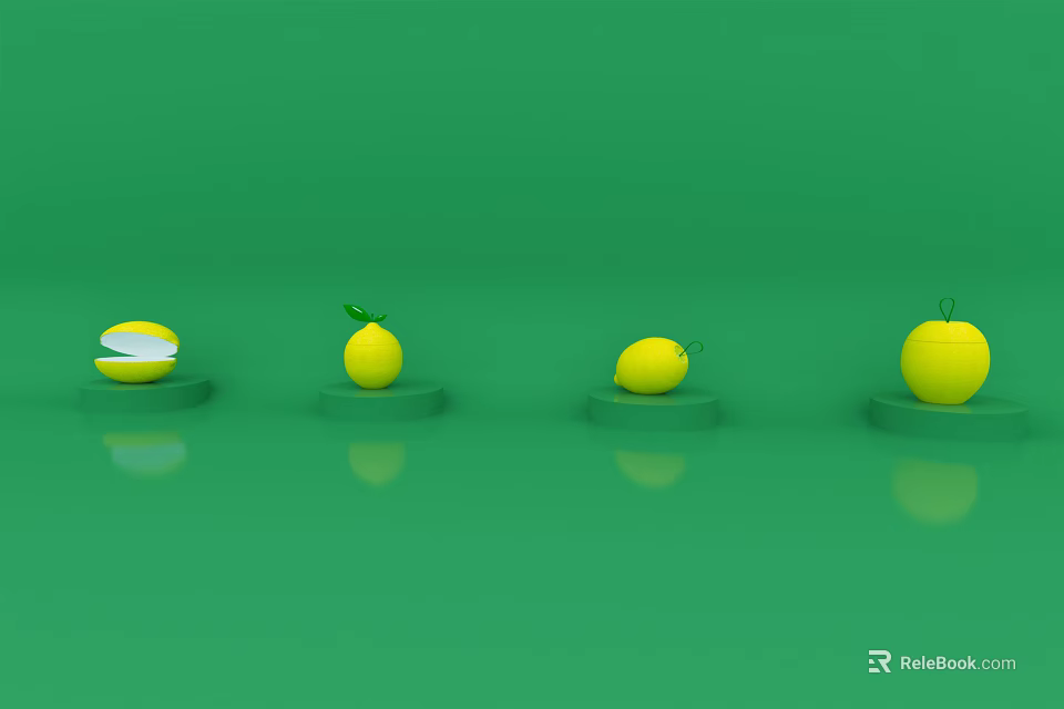 Four Fresh Lemons on Small Platforms with One Sliced on Green Background 3d model 