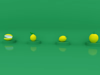 Four Fresh Lemons on Small Platforms with One Sliced on Green Background 3d model
